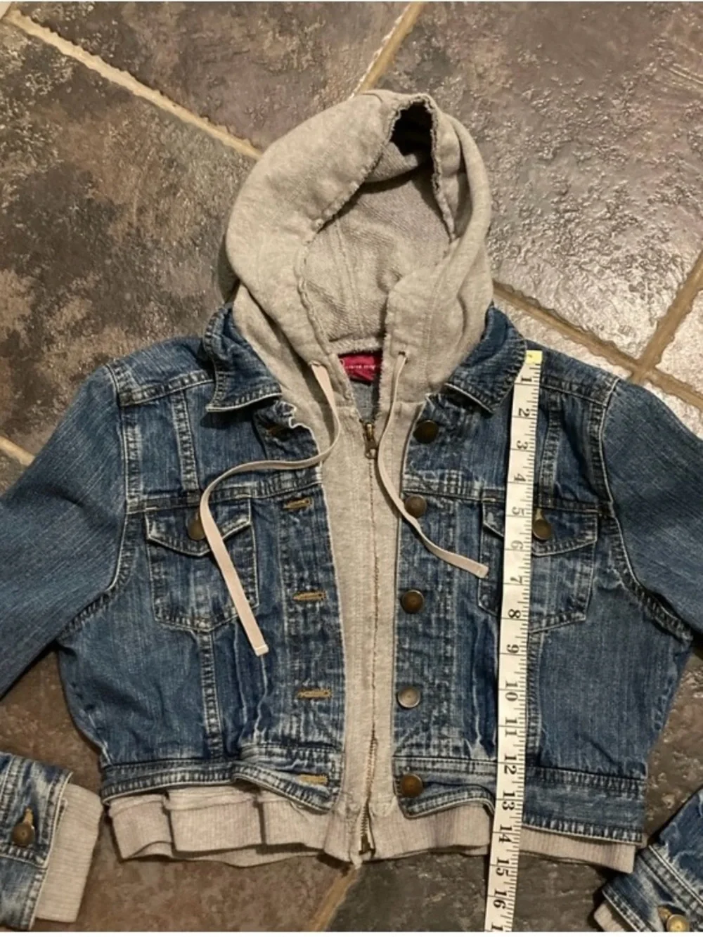 SO Cropped Denim Jacket with Attached Grey Hoodie Girls Size XL